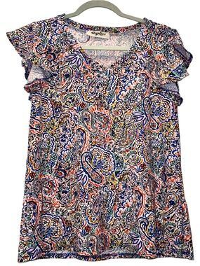 Multi Colored Paisley Printed VNECK Ruffle Sleeve Blouse *Business Casual* SMALL